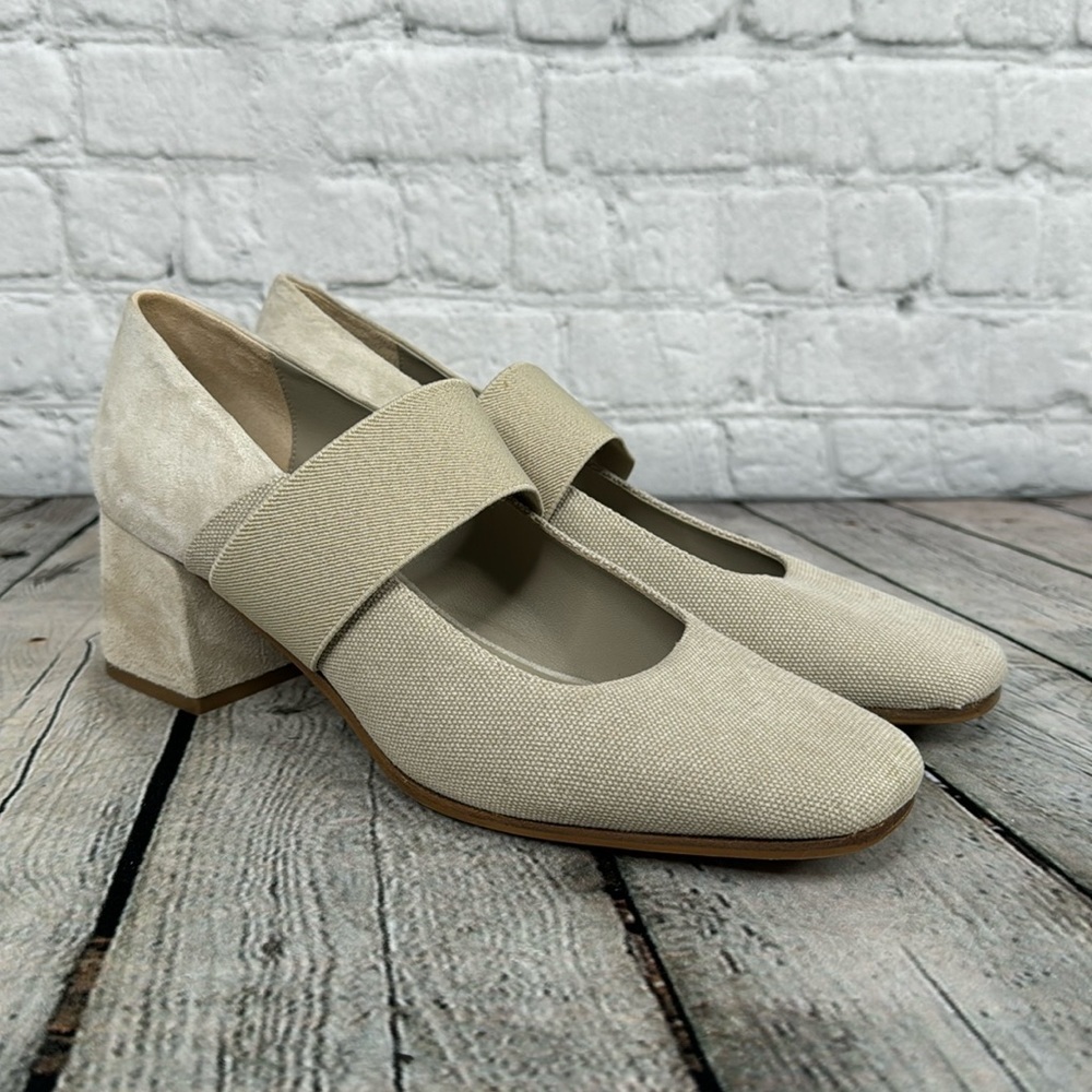 M. Gemi Mary Jane NEW Chunky Heel Shoes Linen Suede Size 38 US 7.5 Creamy Tan